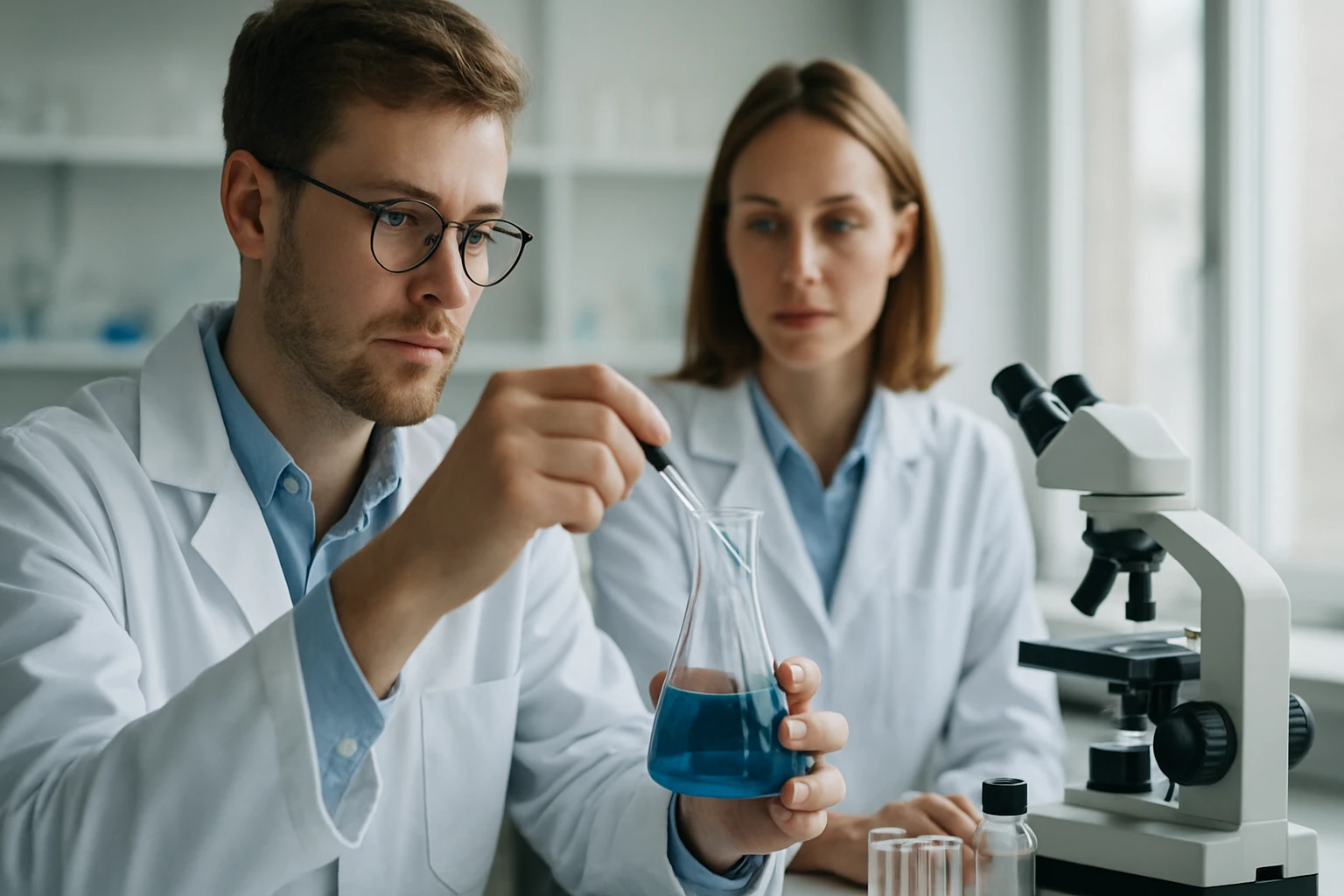 Két tudós laboratóriumi kísérletet végez egy üvegben kék folyadékkal.