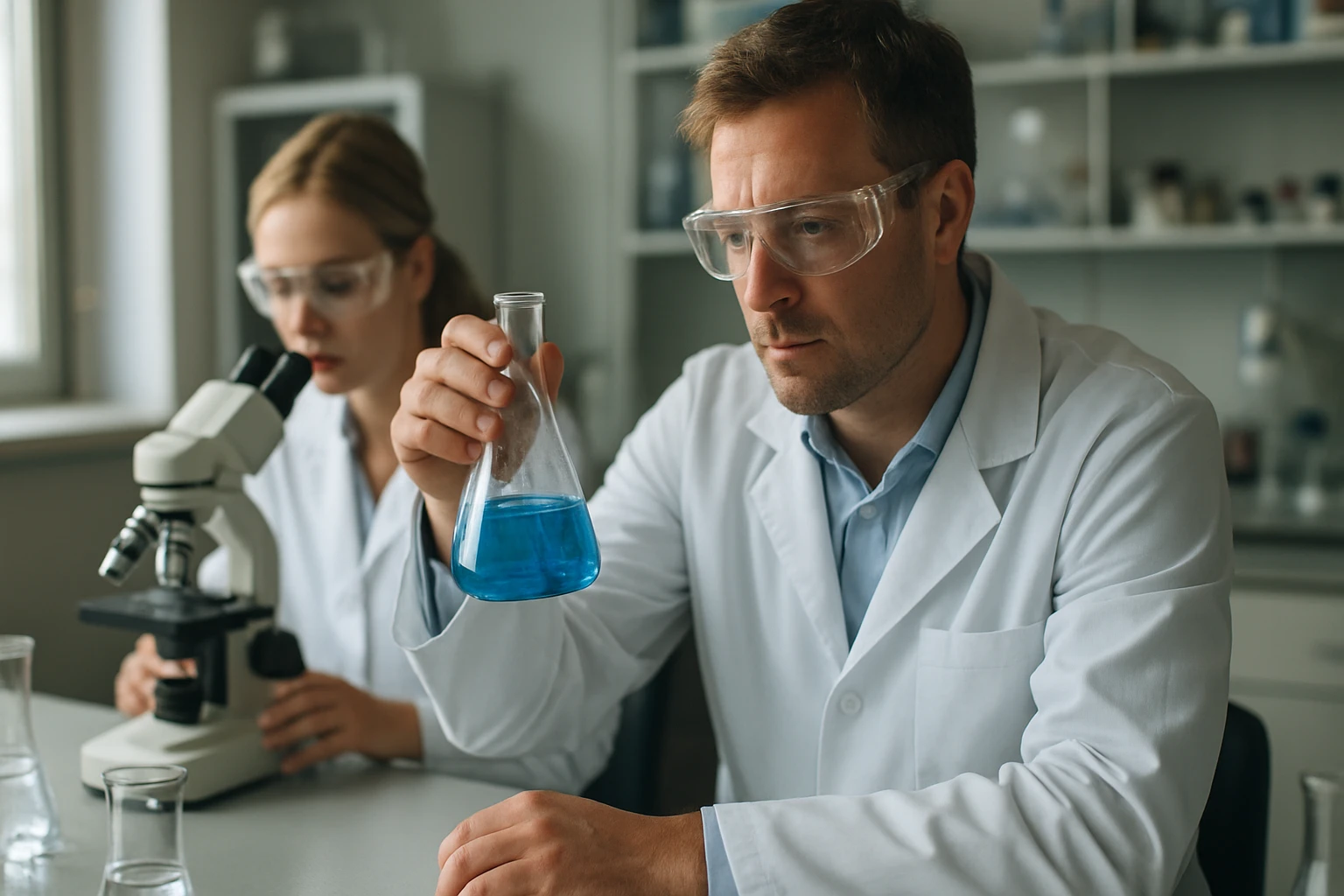 Két vegyész laboratóriumban, az egyik kémcsövet tartva, a másik mikroszkóppal dolgozik.