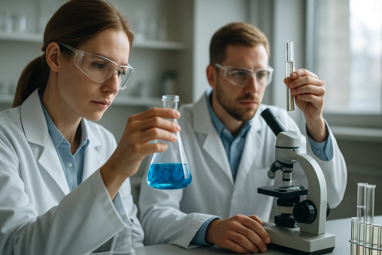 Két kutató laboratóriumban dolgozik, réz(II)-klorid oldattal.