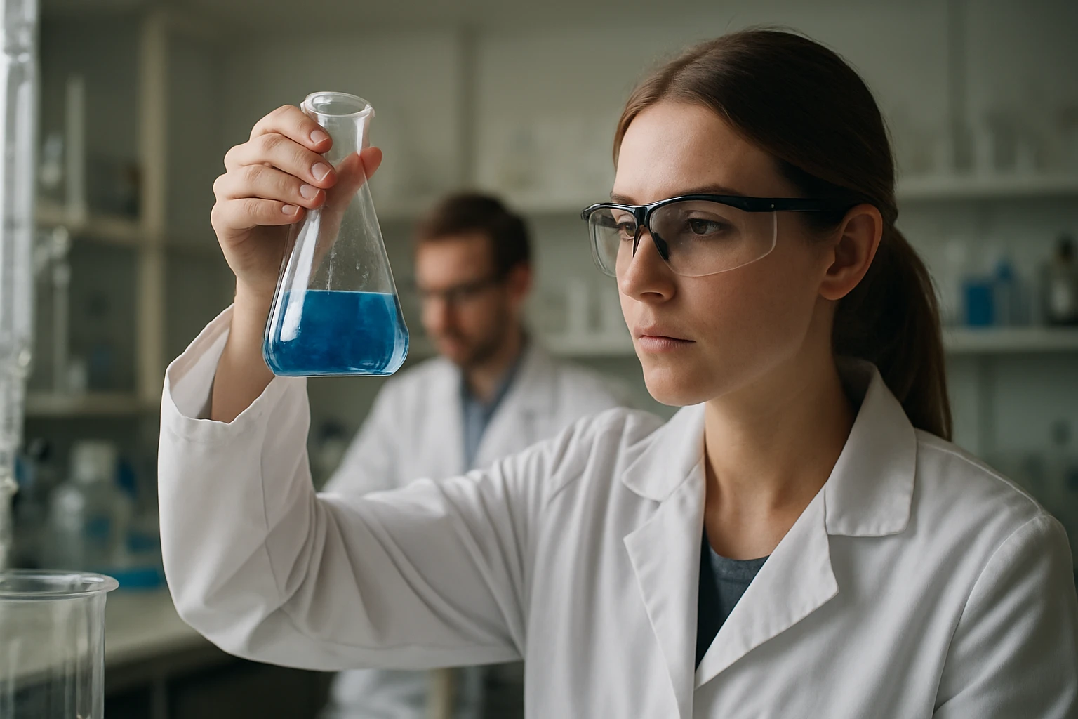 Kémikus kék oldatot vizsgál egy laboratóriumban.