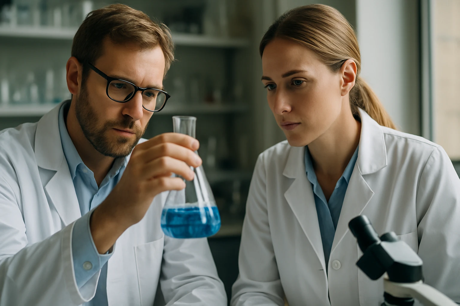 Két tudós vizsgál egy kék folyadékot laboratóriumban