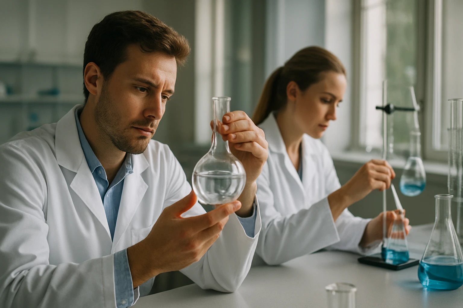 Két tudós laboratóriumban, akik laktámok polimerizációját tanulmányozzák.
