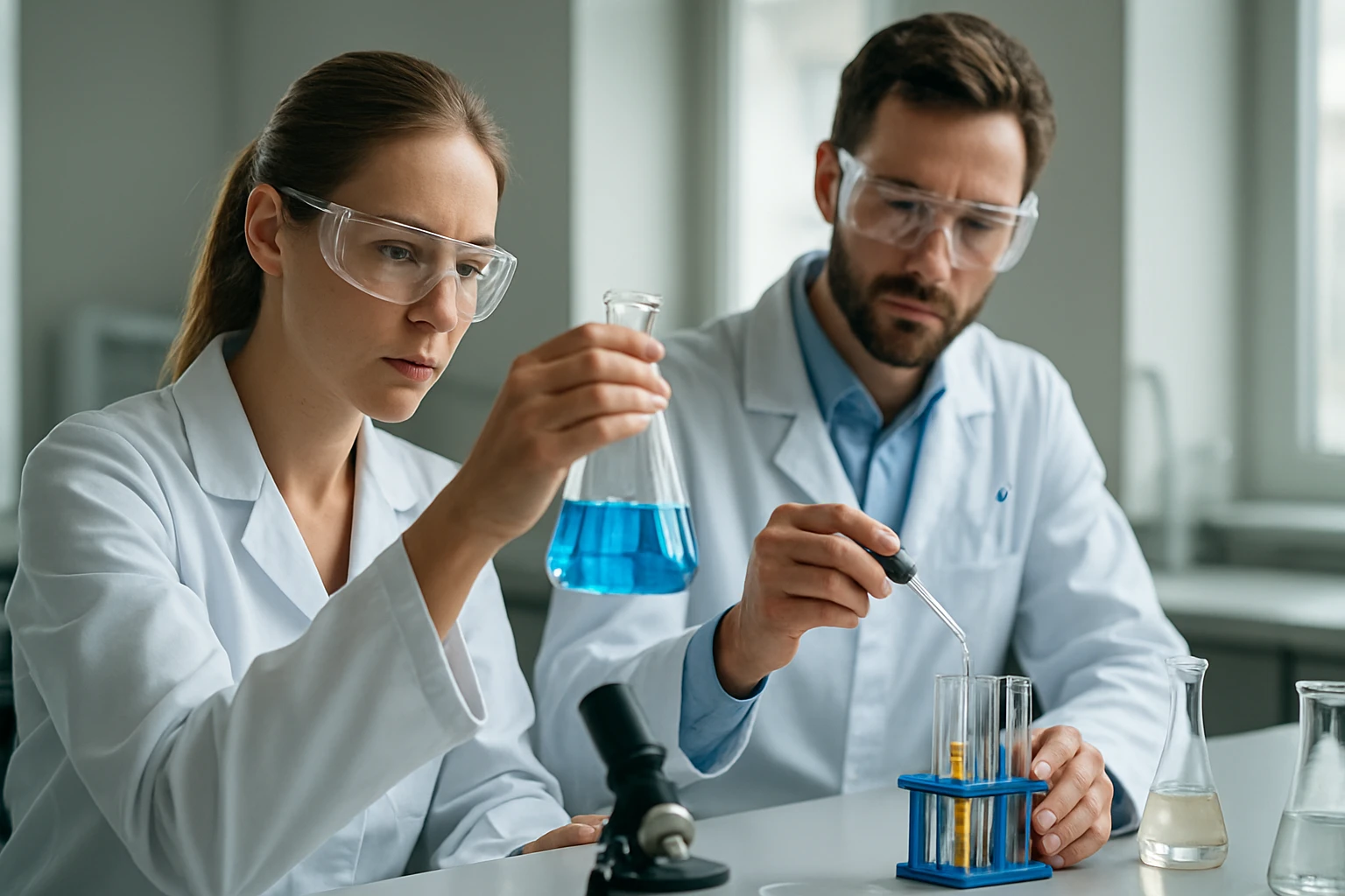 Két tudós kémiai kísérletet végez laboratóriumban.