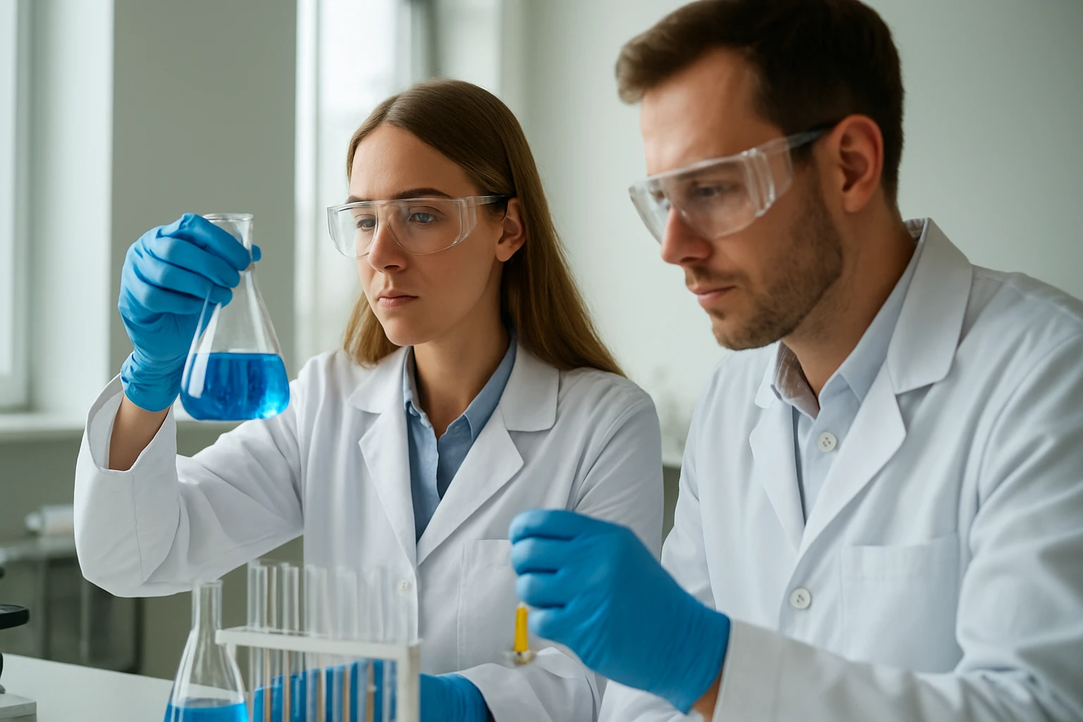 Két kutató kémiai láncreakciót vizsgál laboratóriumban