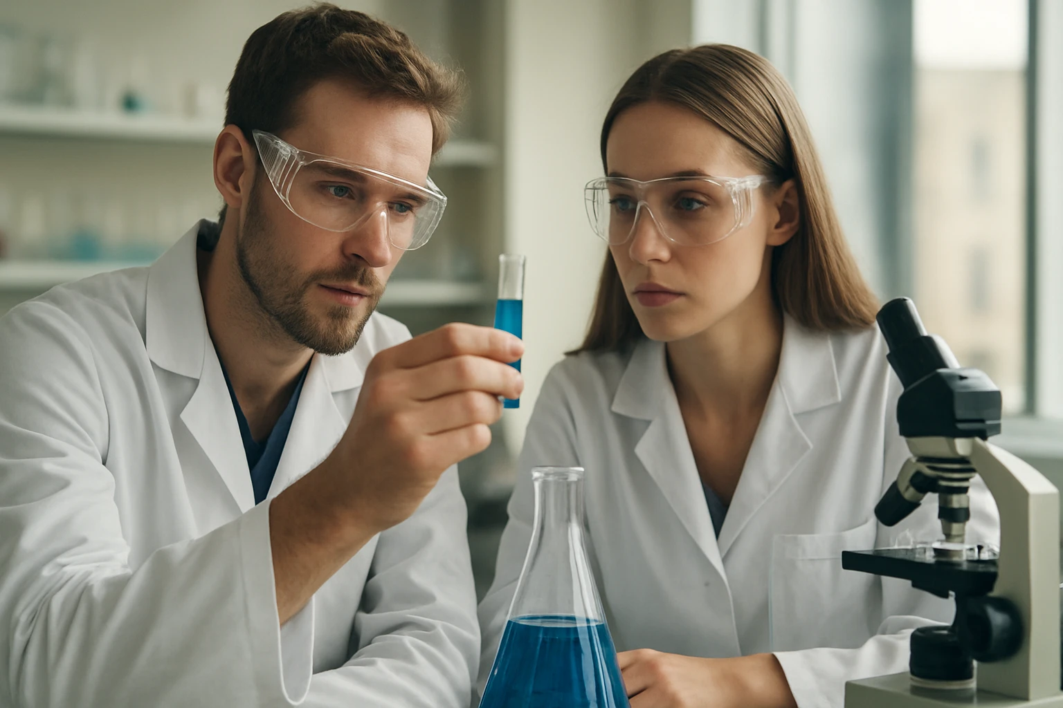 Két kutató kémiai kísérletet végez, kék folyadékkal és mikroszkóppal.