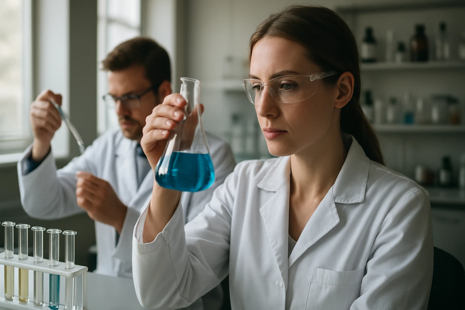 Két kutató a laboratóriumban, kémiai kísérletet végeznek.