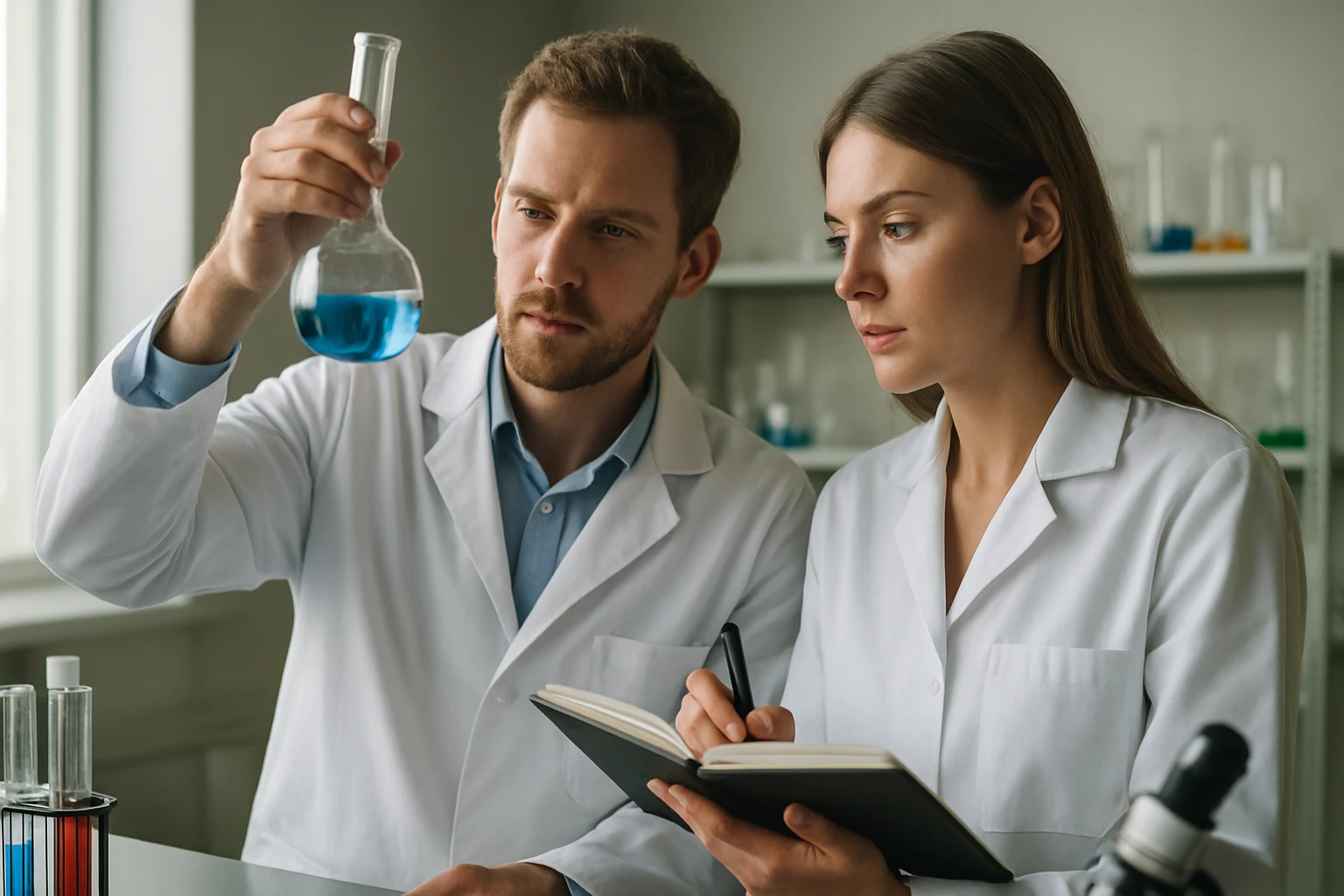 Kémikusok laboratóriumban, kék folyadékkal végzett kísérlet