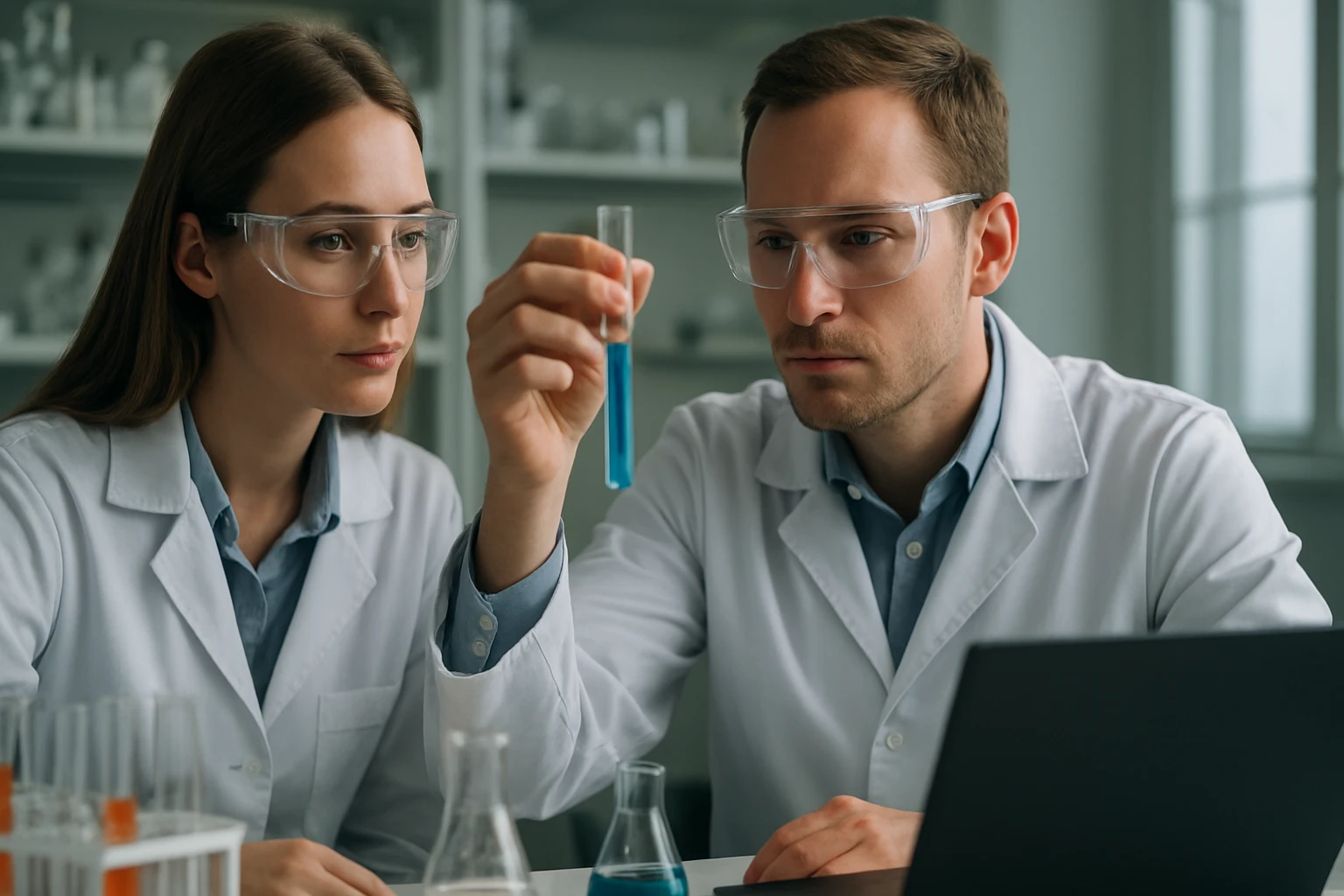 Két kutató a Leclanché-száraz elem folyamatát vizsgálja laboratóriumban.