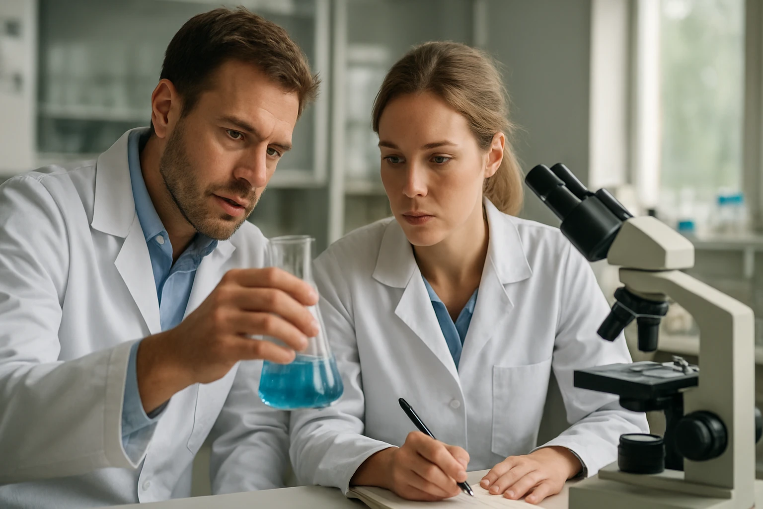 Két kutató laboratóriumban kémiai reakciókat vizsgál, világoskék folyadékot tartanak.