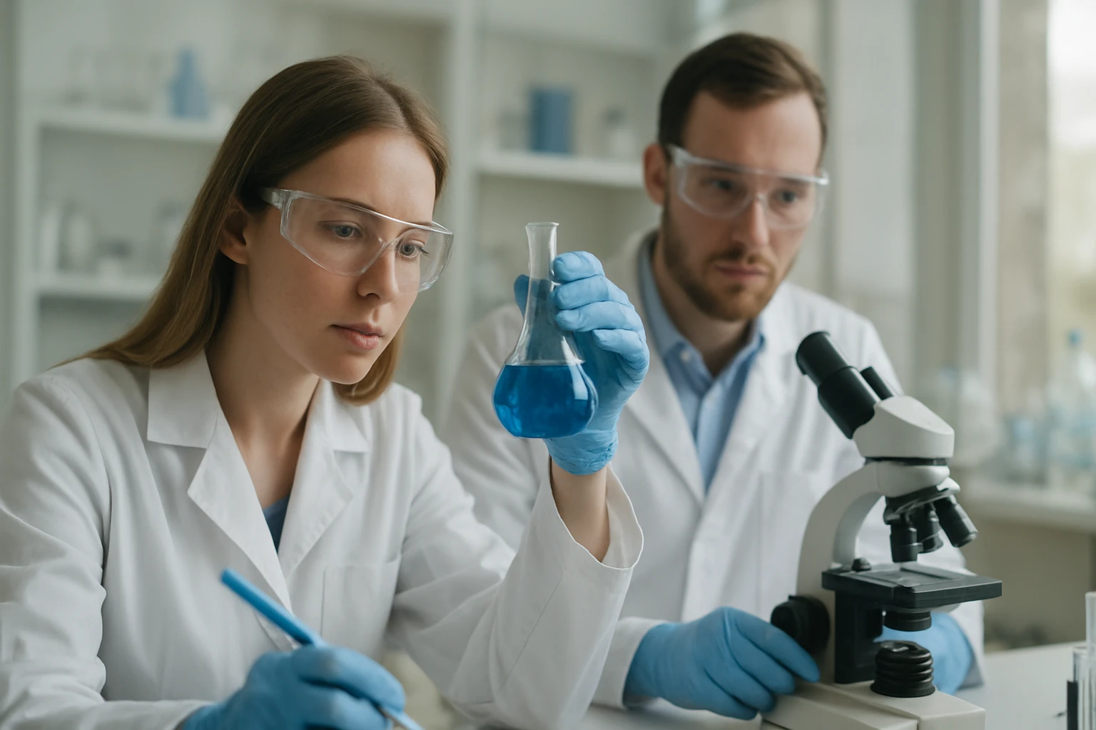 Kép egy laboratóriumban dolgozó tudósokról, leukovegyületek vizsgálata közben.