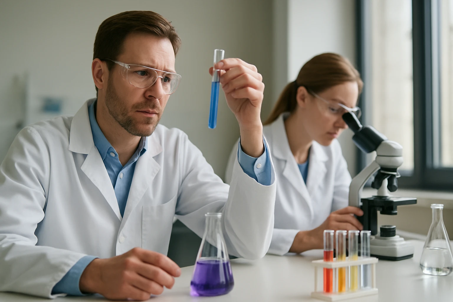 Kémikusok laboratóriumban, Liebermann reakciót tanulmányozva.