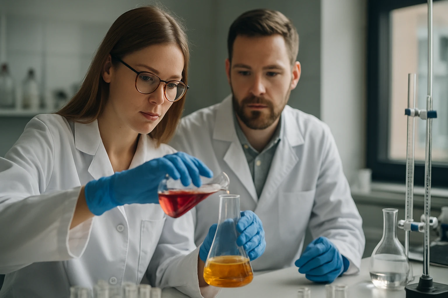 Két tudós laboratóriumban, lignitwax előállítását vizsgálva.