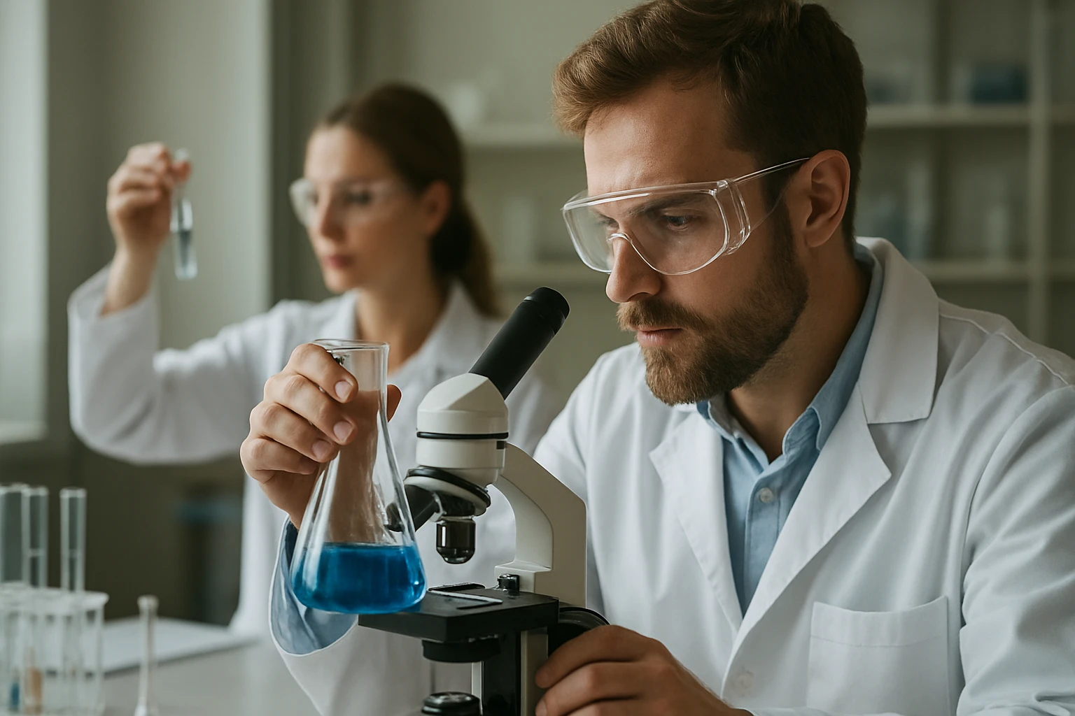 Kémiai laboratóriumban linalool vizsgálata, férfi kutató beállítja a mikroszkópot.