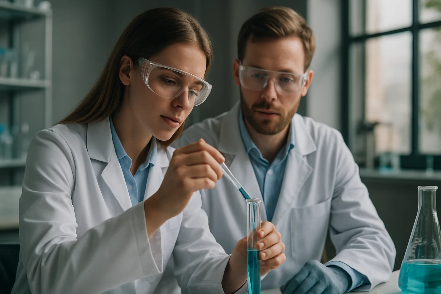 Két tudós kémiai kísérletet végez laboratóriumban.