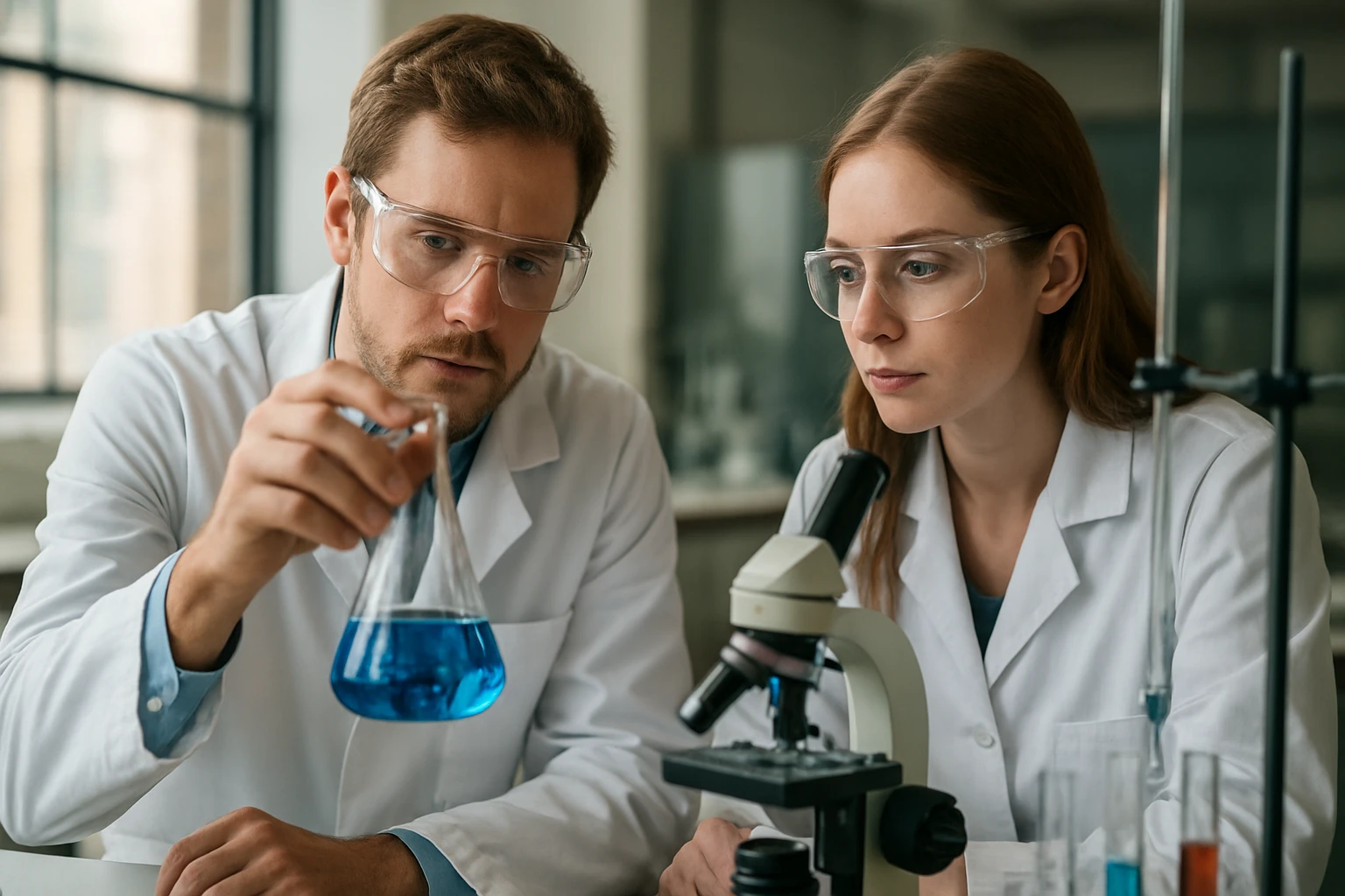 Két tudós laboratóriumi környezetben liofób anyag analízisével foglalkozik.