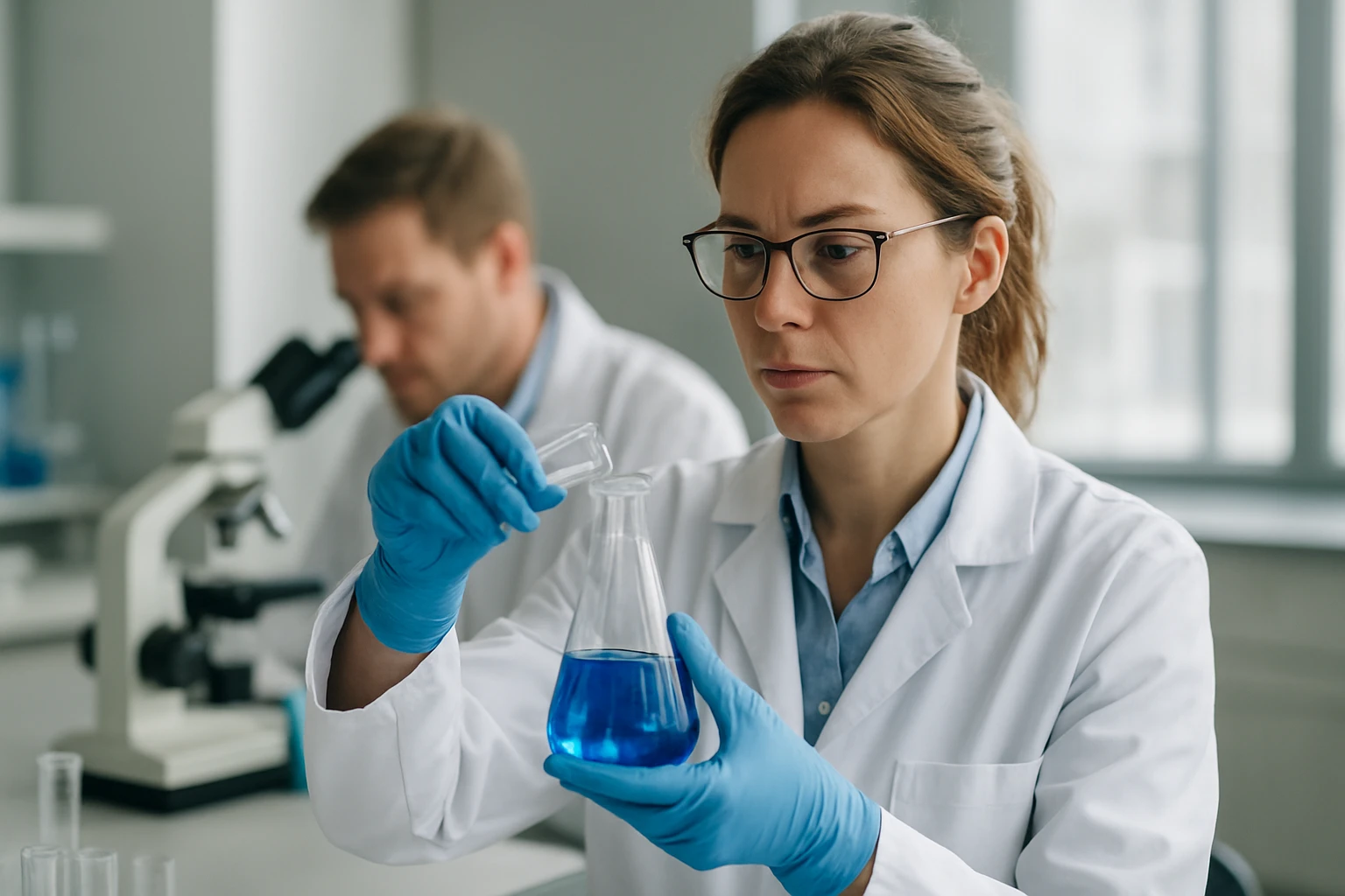 Kémikus laboratóriumban folyadékot vizsgálva liotrop mezomorf jelenség tanulmányozása közben.