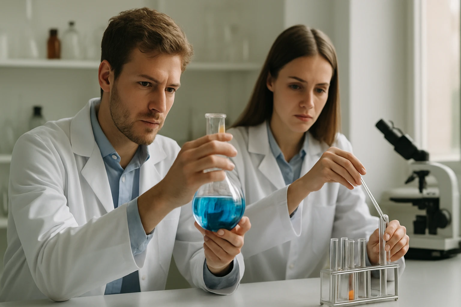 Két kémikus laboratóriumban dolgozik lipofil anyagokkal