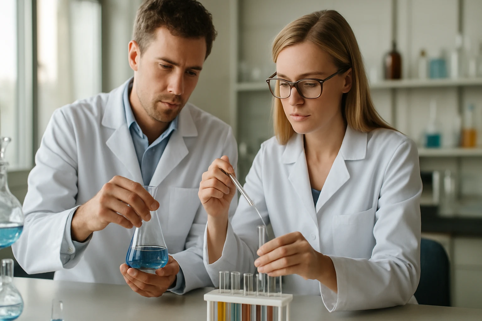 Két tudós laboratóriumban kísérletezik színes folyadékokkal.