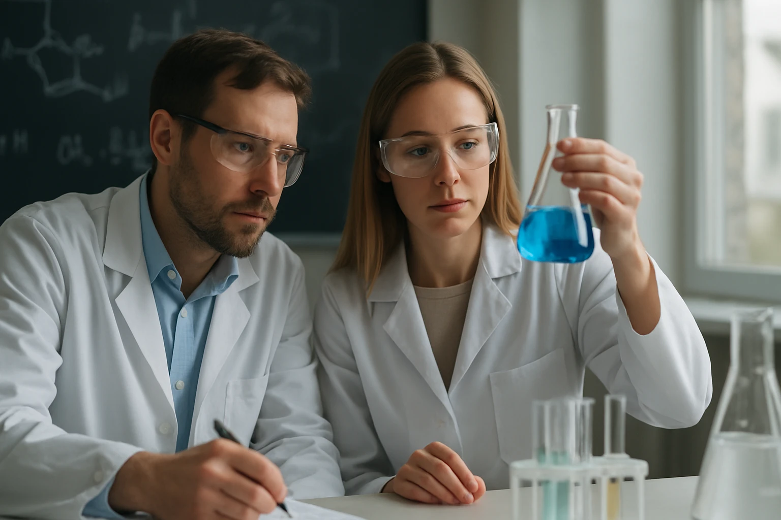 Két kutató laboratóriumban, kémiai kísérlet folyamatban.