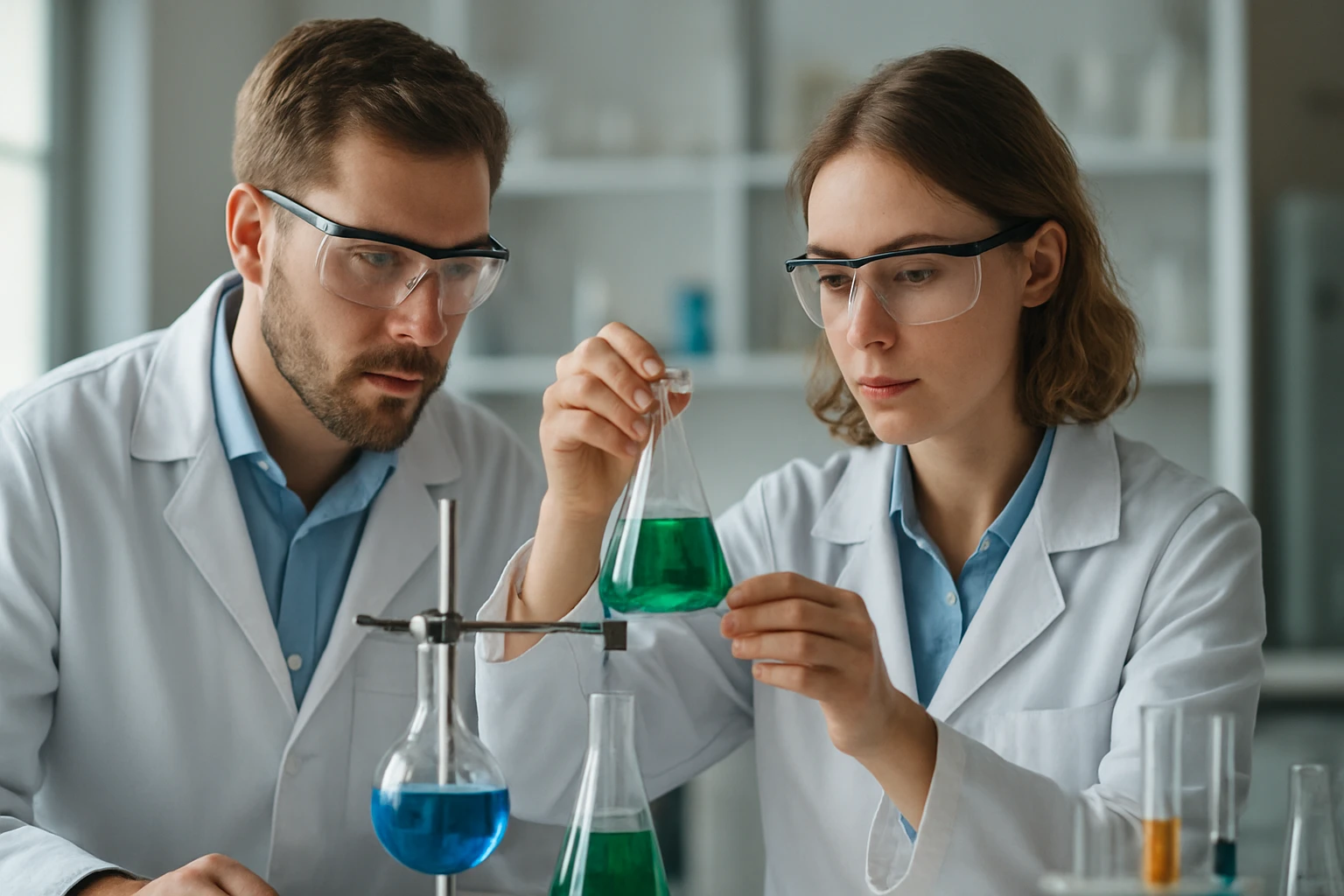 Két kutató lítium akkumulátor kémiai elemzését végzi laboratóriumban.