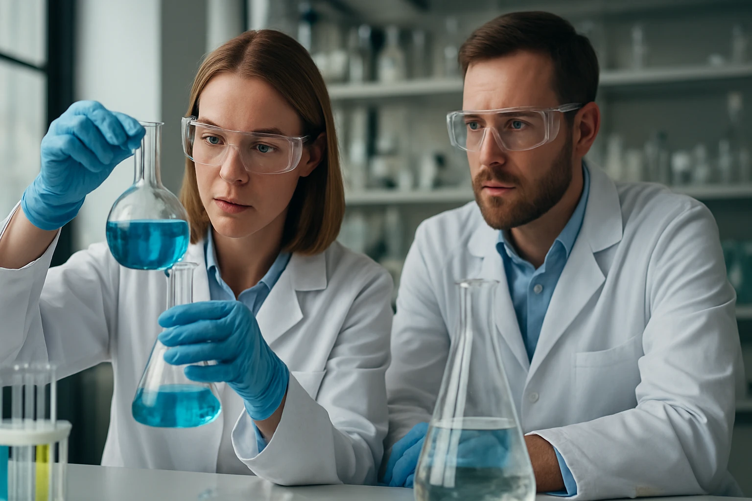 Két kutató kémiai kísérletet végez laboratóriumban