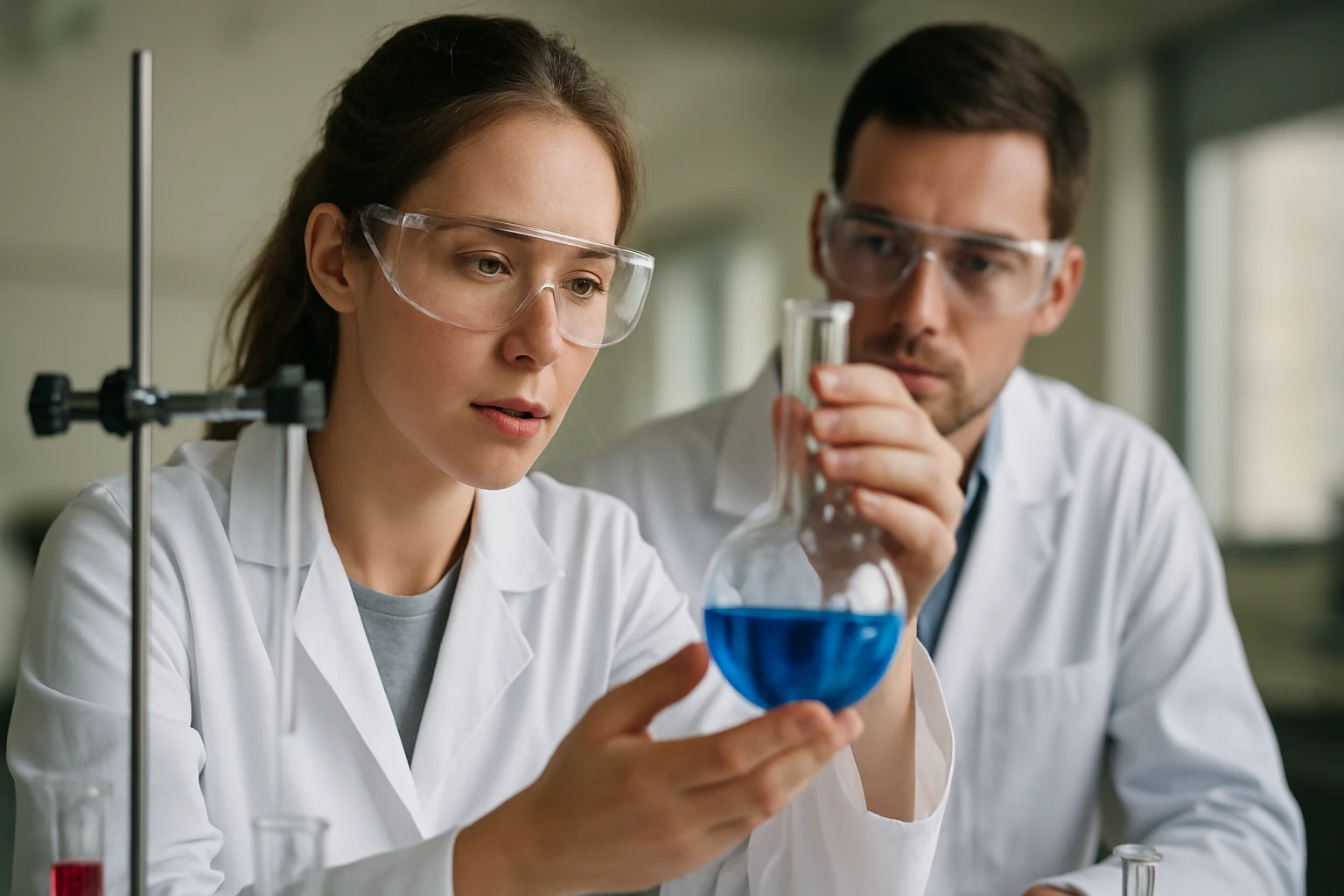 Két kutató lítium-szulfátot vizsgál laboratóriumban.