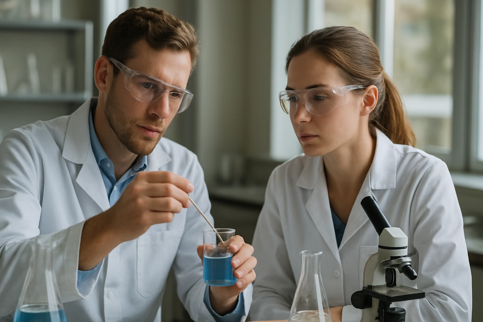 Két kémikus laboratóriumban vizsgál egy folyadékot kémcsőben.