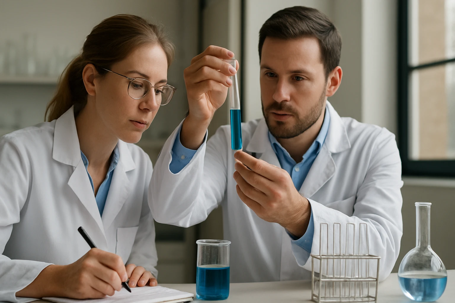 Két kutató laboratóriumban kémiai vizsgálatokat végez.