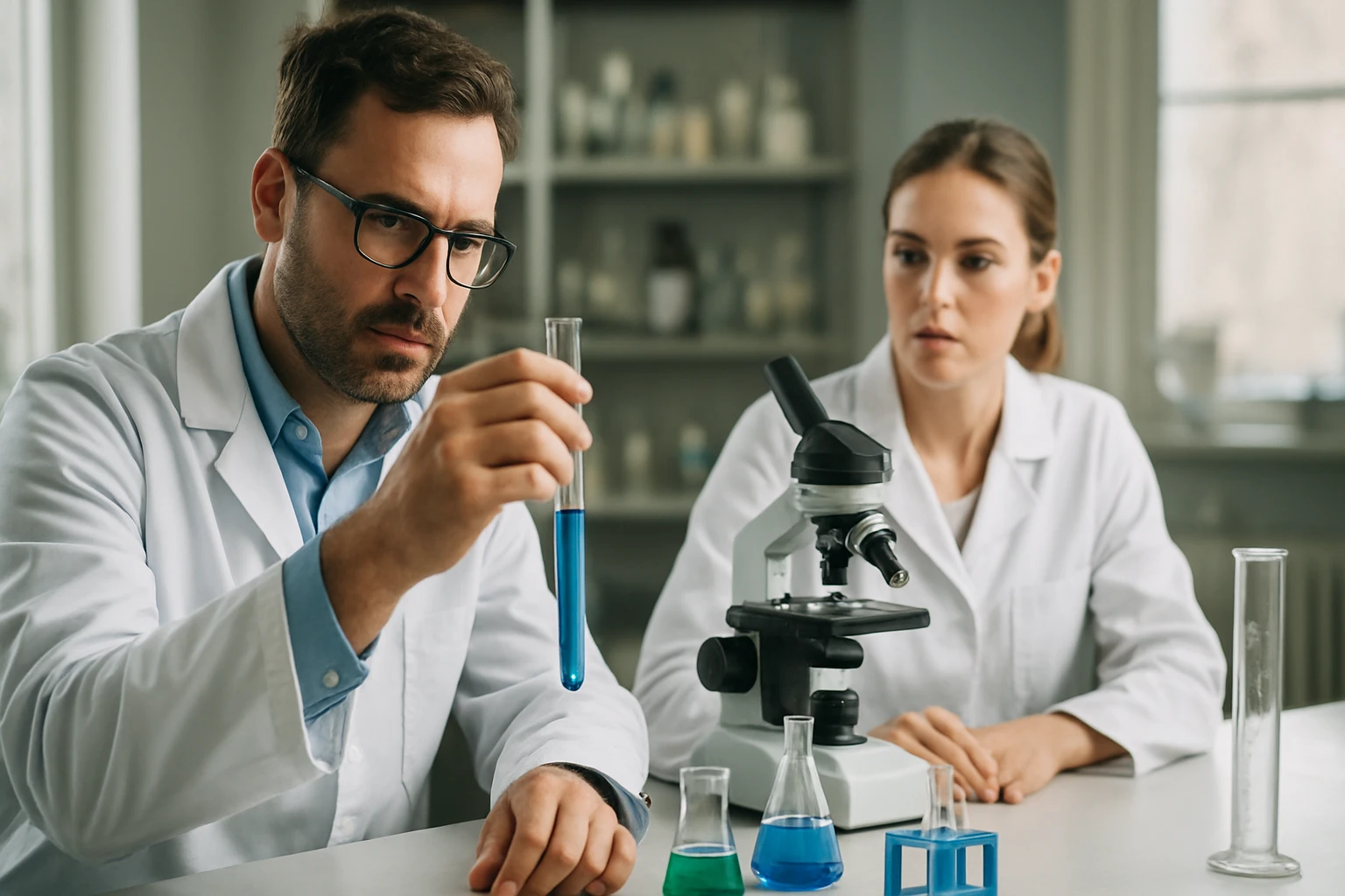 Két tudós laboratóriumban kémiai kísérletet végez