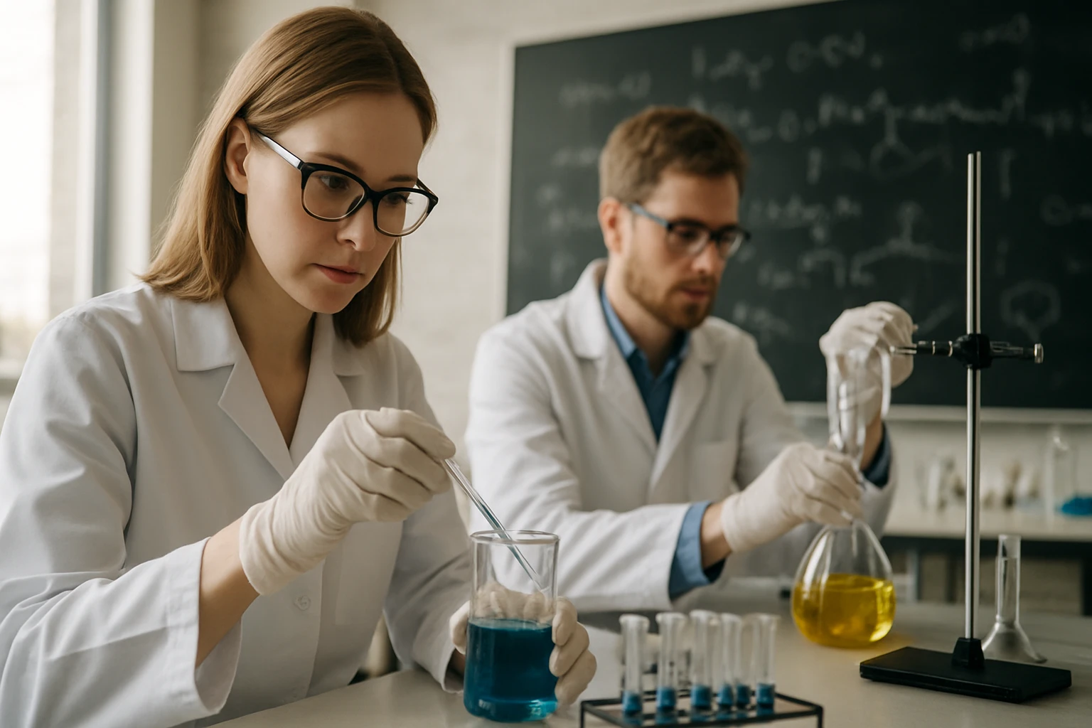 Két tudós laboratóriumban kémiai kísérleteket végez.