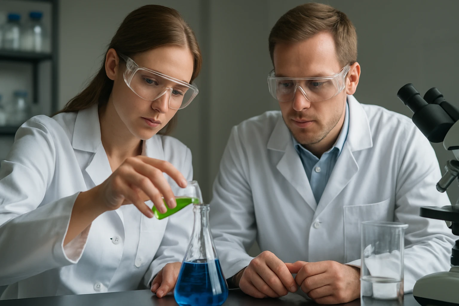 Kutatók lúgos pácolás kísérlet közben laboratóriumban.