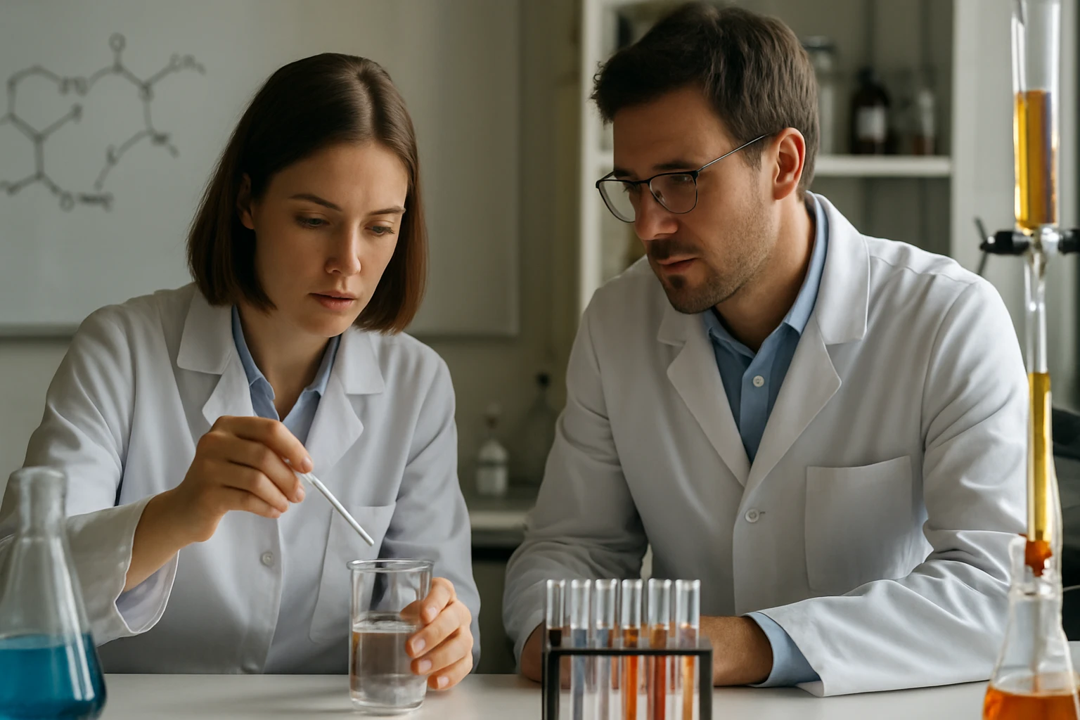 Két kutató kémiai kísérletet végez laborkörnyezetben.