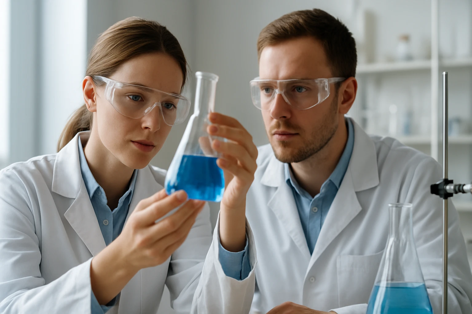 Két tudós laboratóriumban lupulon vizsgálat közben.