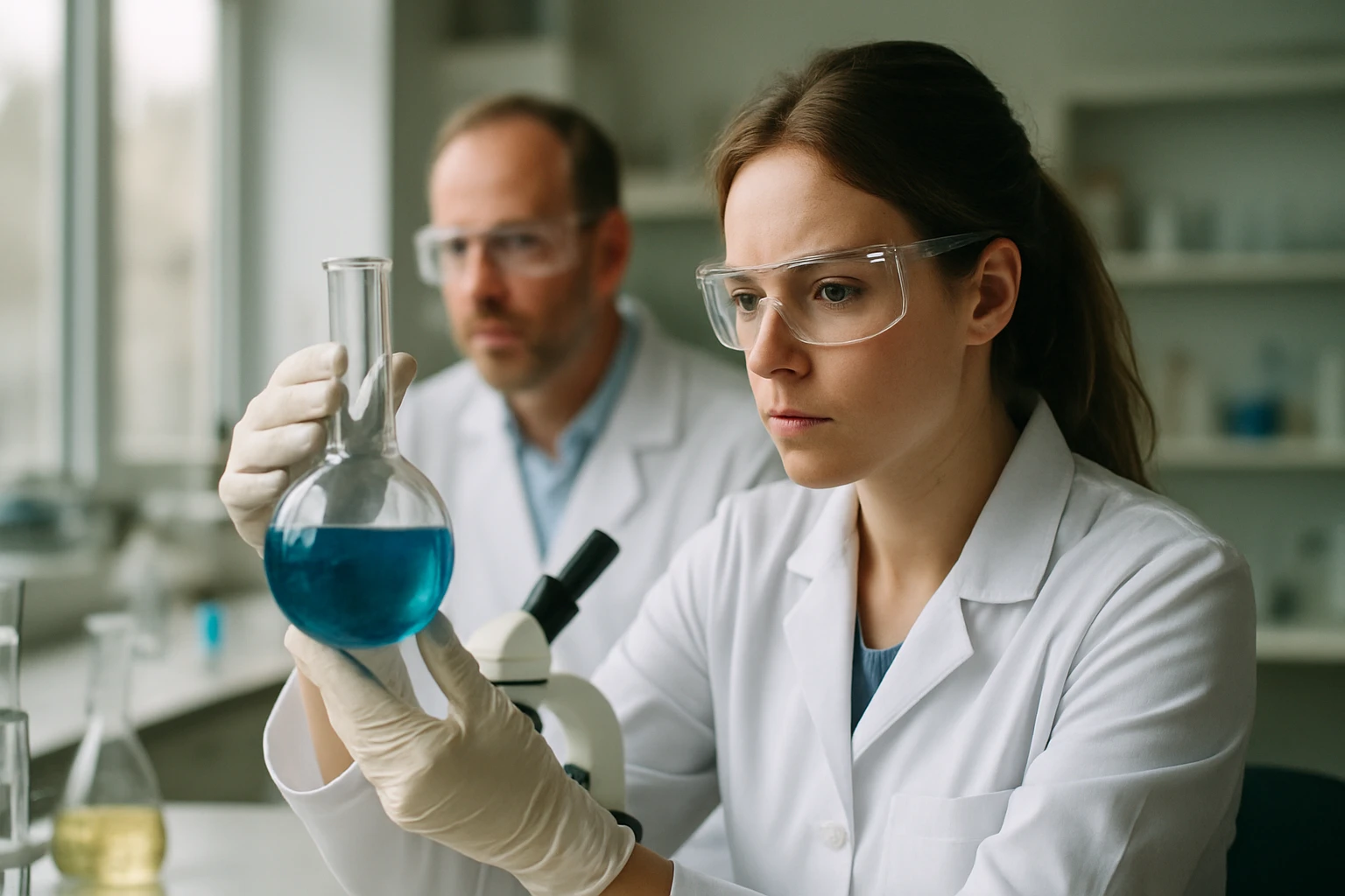 Laboratóriumi kísérlet során két tudós elektromos molekulák vizsgálata