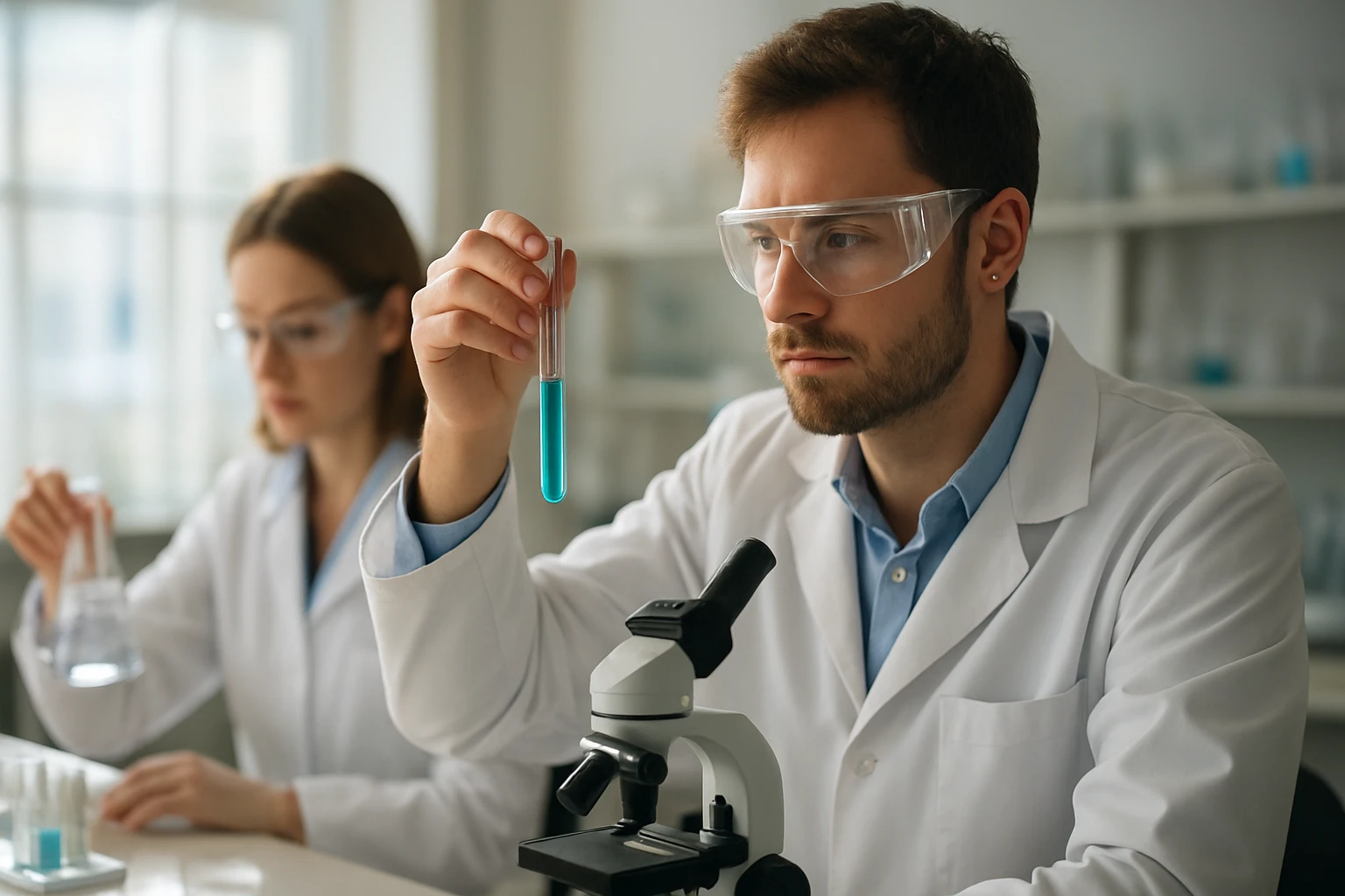 Kémiai kísérletet végző tudósok laboratóriumban