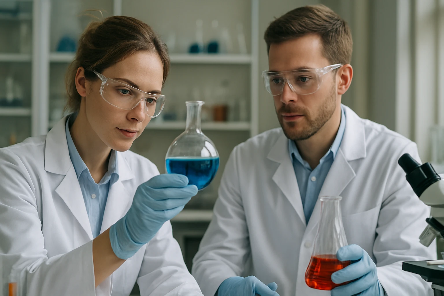 Két kémikus laboratóriumban kísérletezik különböző vegyületekkel.