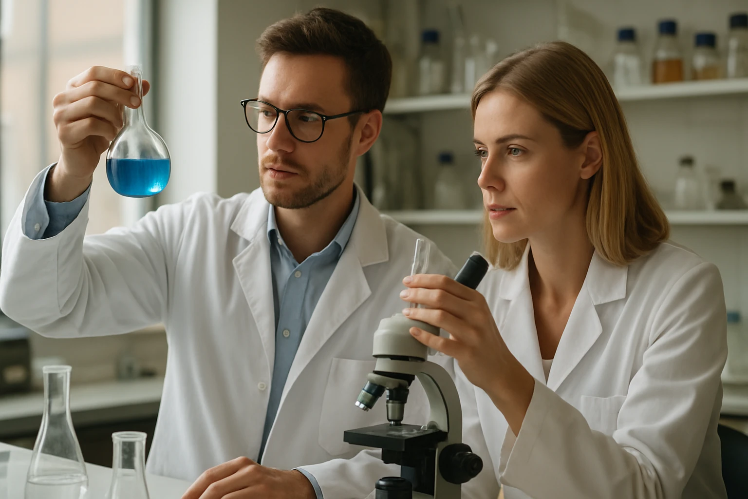 Két tudós kémiai reakciókat vizsgál egy laboratóriumban.