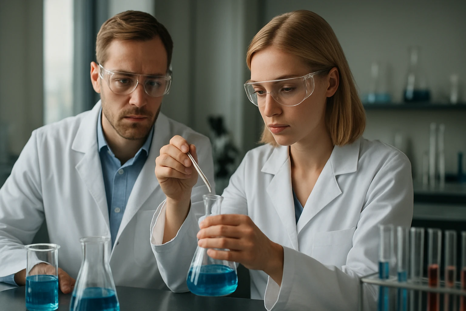 Két kutató maleinsavval végzett kémiai kísérletet laboratóriumban.