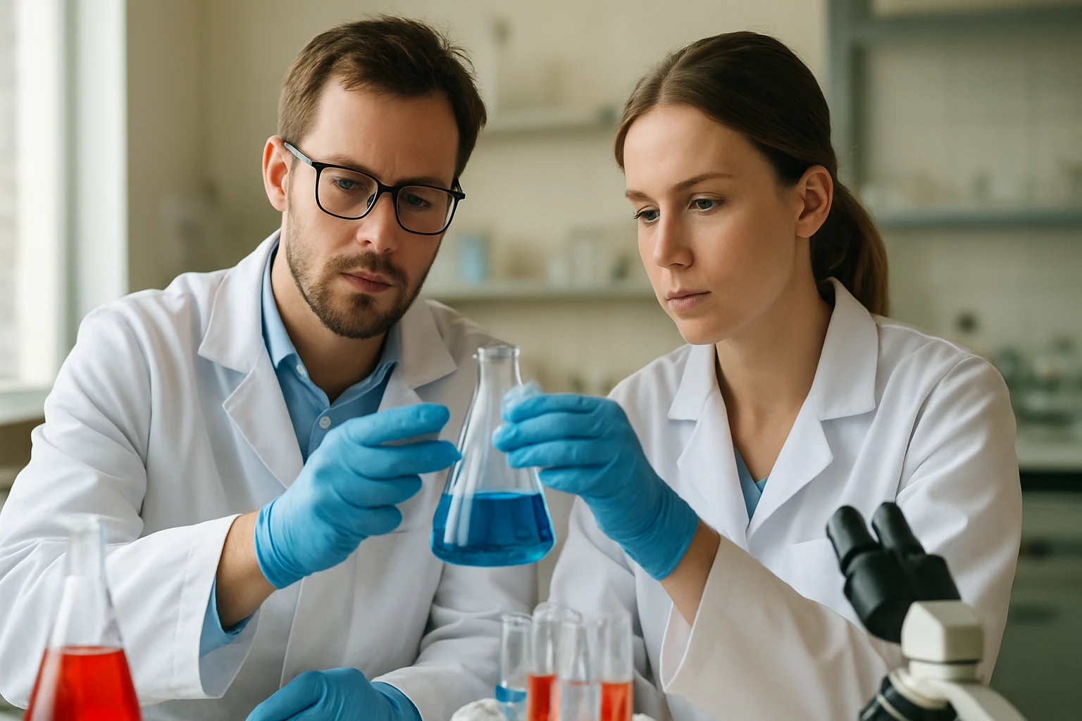 Malonátok: A malonsav sóinak képlete és biológiai jelentősége Két tudós laboratóriumban vegyületeket vizsgál.