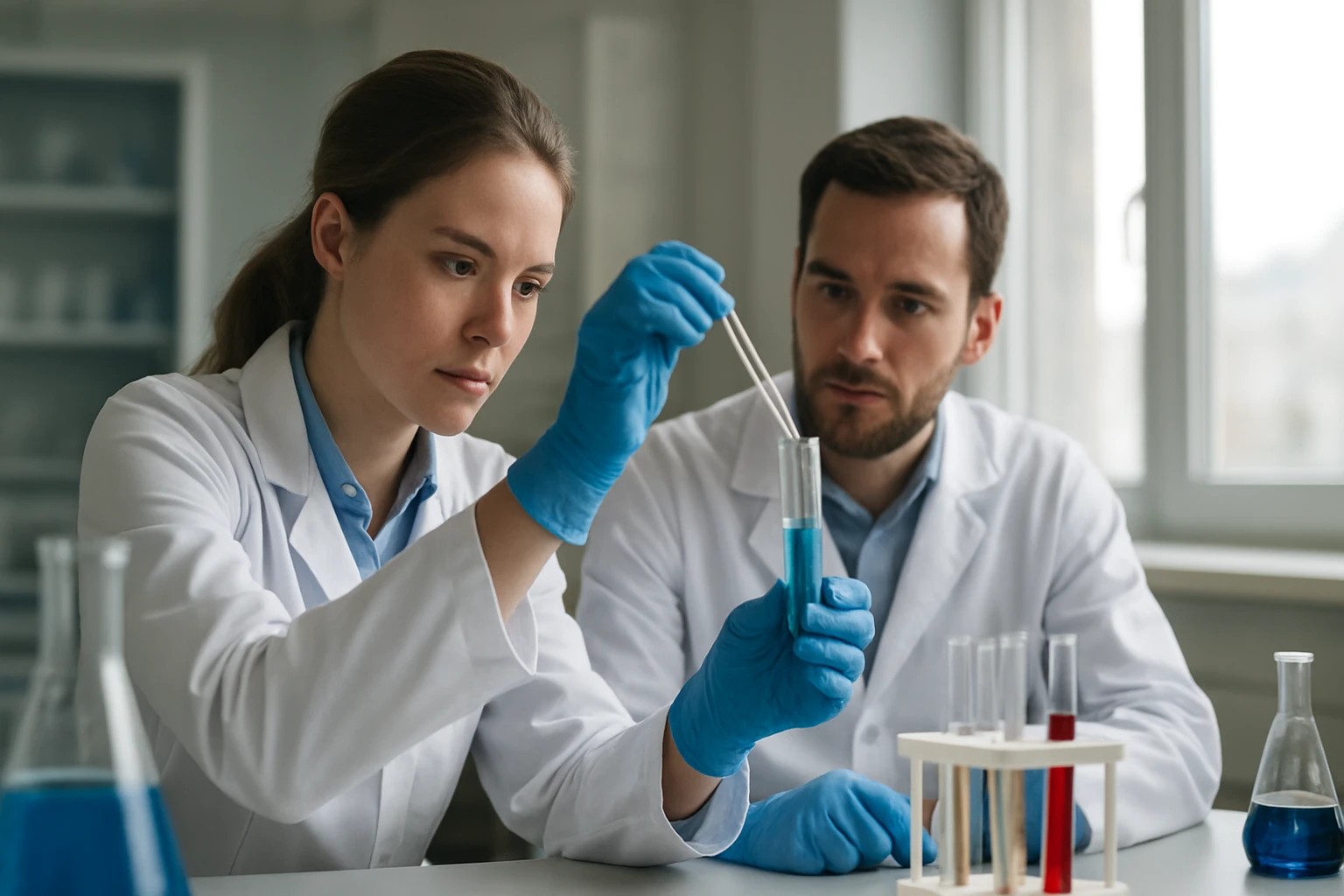 A malonsav képlete, tulajdonságai és alkalmazási területei Két tudós malonsav kémiai kísérletet végez a laborban.