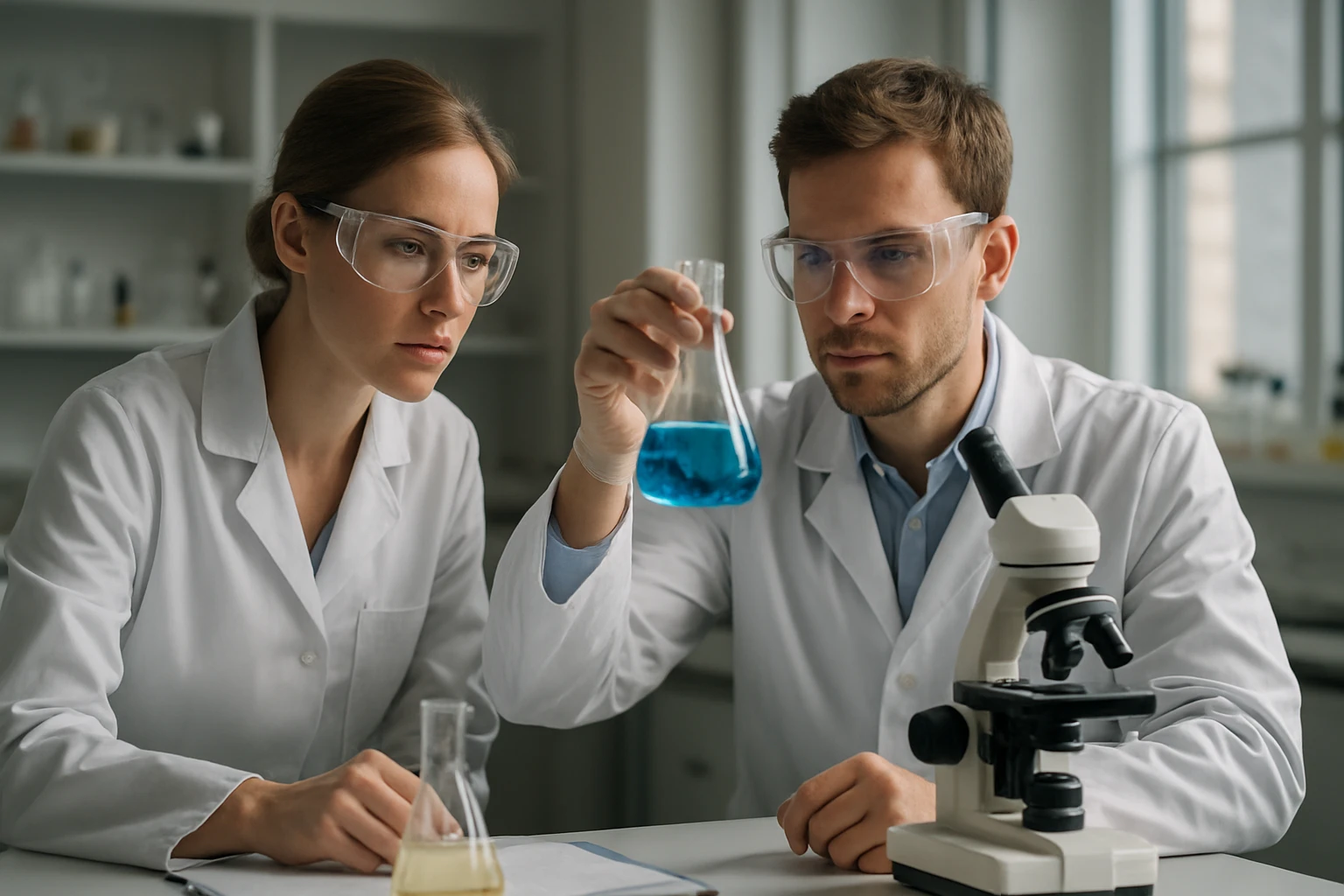 Két tudós laboratóriumban, malvidin kutatáson dolgozva