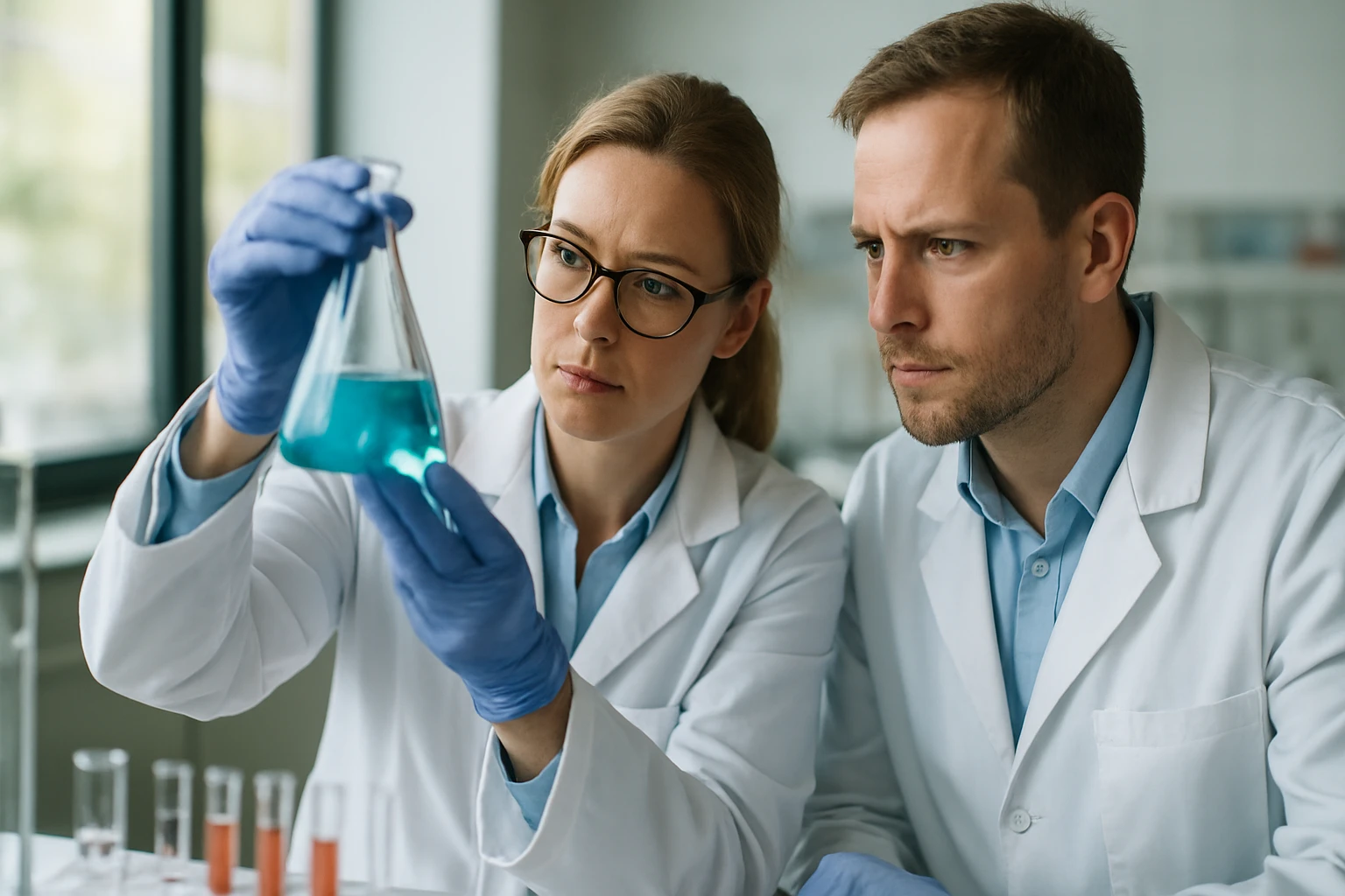 Két kutató laboratóriumi kísérletet végez, mangán-dioxidot vizsgálnak.