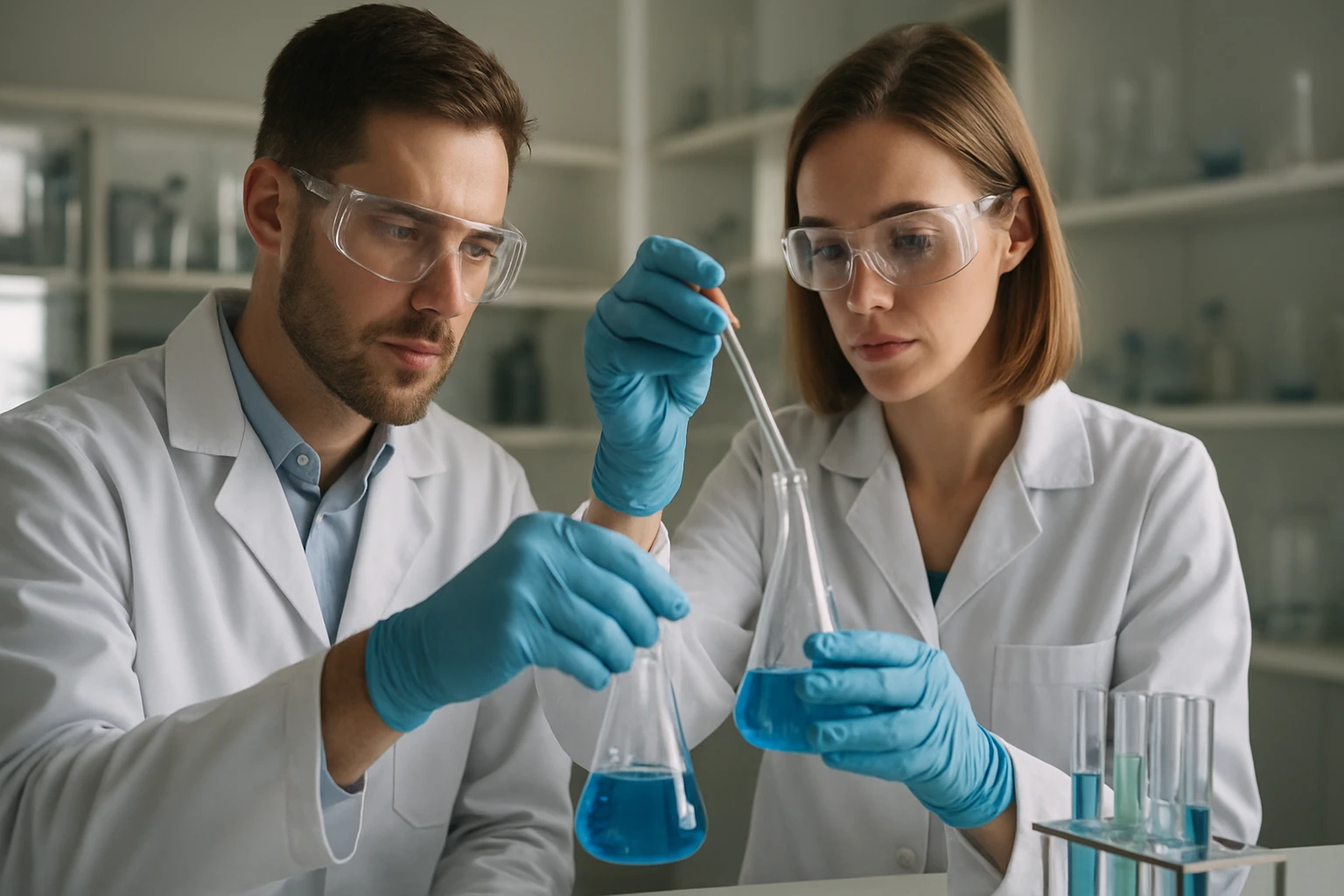 A második legkisebb nem betöltött molekulapálya (LUMO+1) jelentősége Két vegyész laboratóriumban kémiai kísérletet végez.