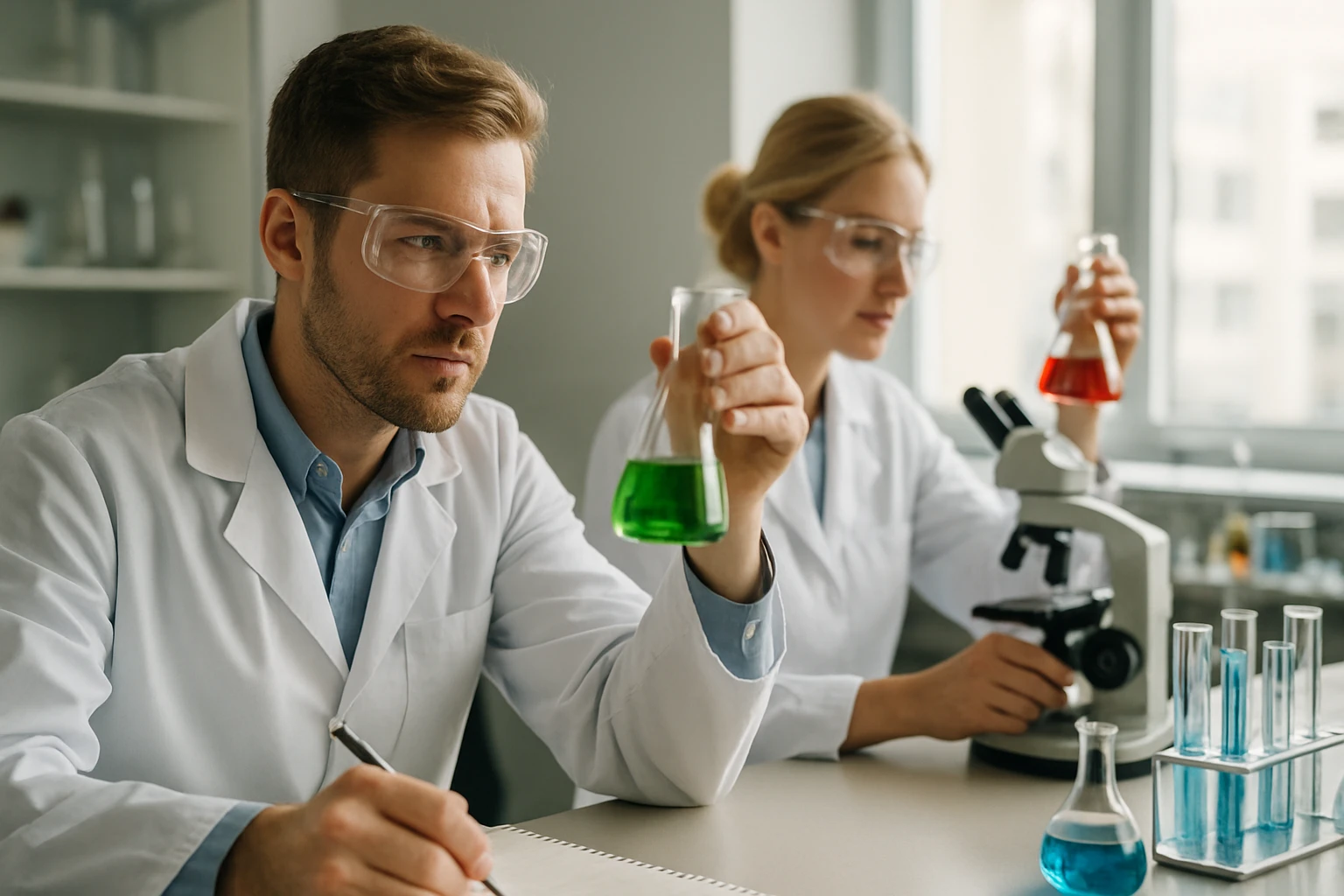 Kísérleti munkát végző vegyészek laboratóriumban