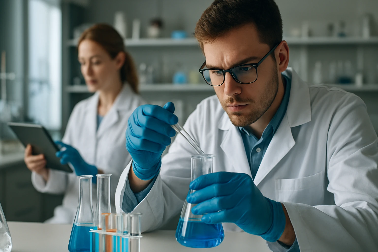 Kutatók laboratóriumi kísérleteket végeznek kémiai anyagokkal.