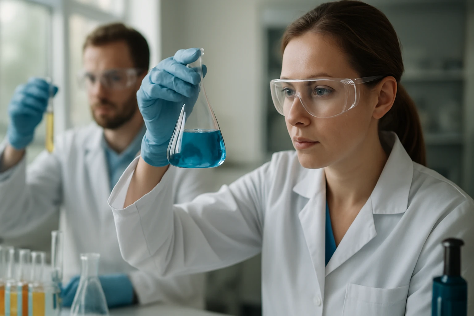 Két tudós kémiai kísérletezést végez laboratóriumban