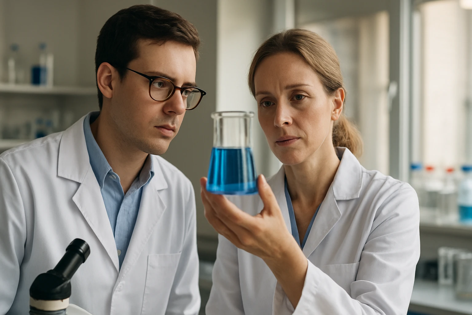 Két kutató pamutkezelési folyamatokat elemző laboratóriumban