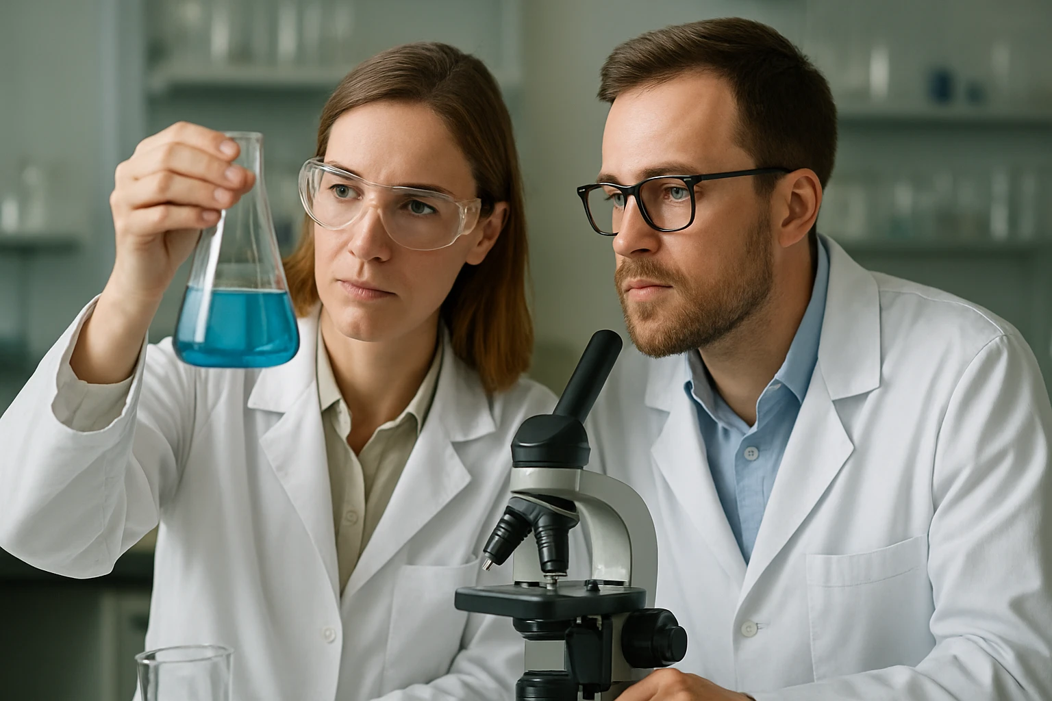 Két tudós laboratóriumban kémiai kísérletet végeznek.