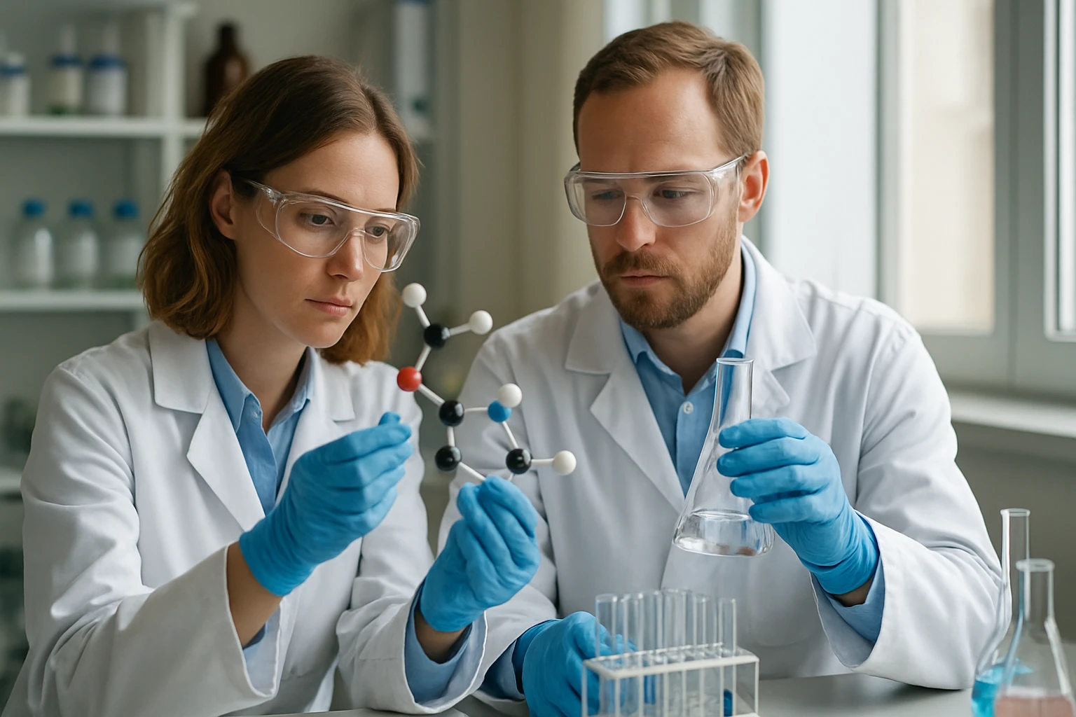 Kémikusok molekulapályákat vizsgálva, laboratóriumi környezetben.