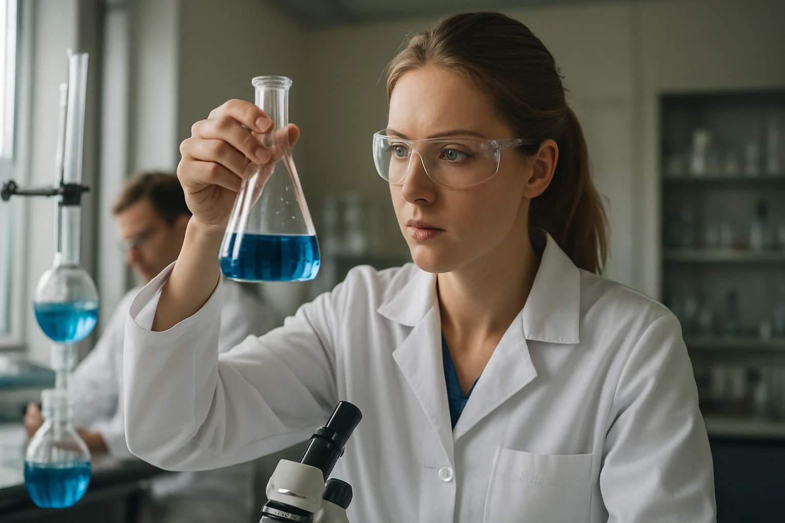 Kémikus laboratóriumban, Nernst-féle megoszlási törvényt elemző nő